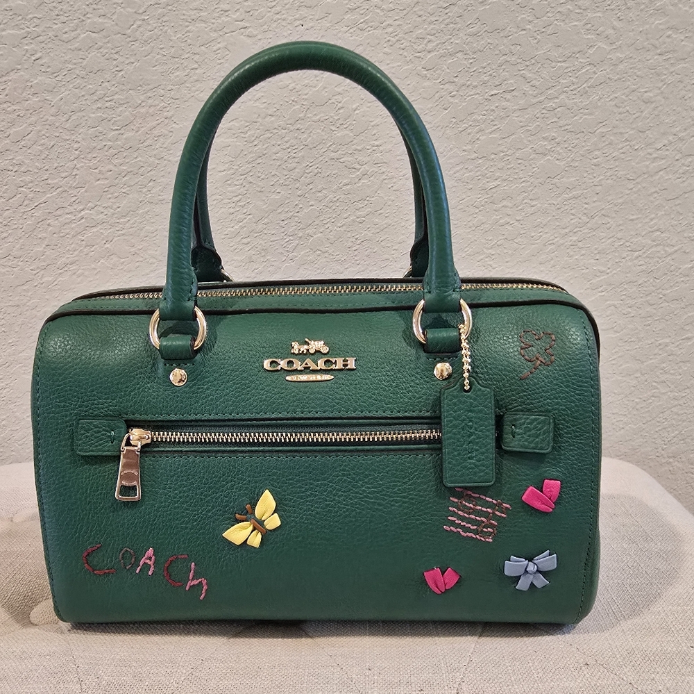 Coach Green Rowan Satchel with Colorful Embellishments